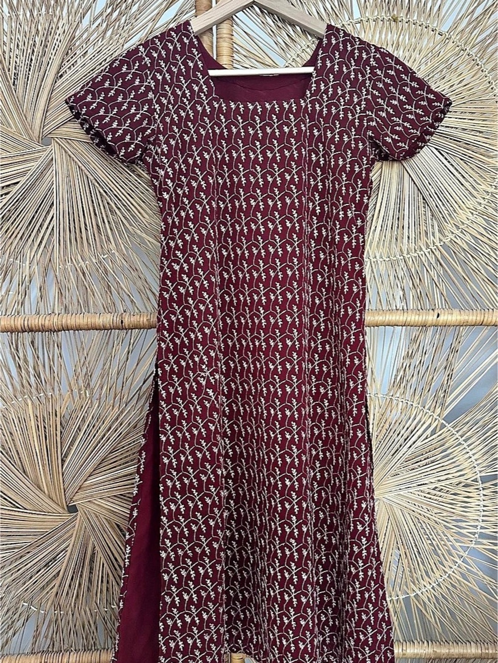 Embroidered Floral Midi Dress in Burgundy Like New
